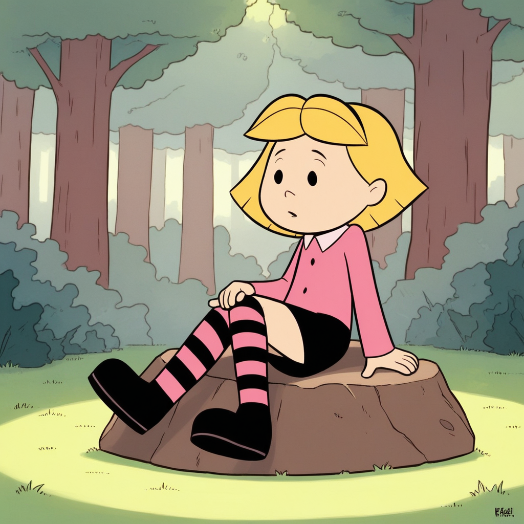 score_9_up, score_8_up, BREAK, EmilyElizabeth, 1girl, solo, blonde hair, short hair, black eyes, pink shirt, long sleeves, striped thighhighs, black footwear,  <lora:EmilyElizabethHoward_Clifford_PXL_Leaf1-000010:1>, forest,  sitting on rock,