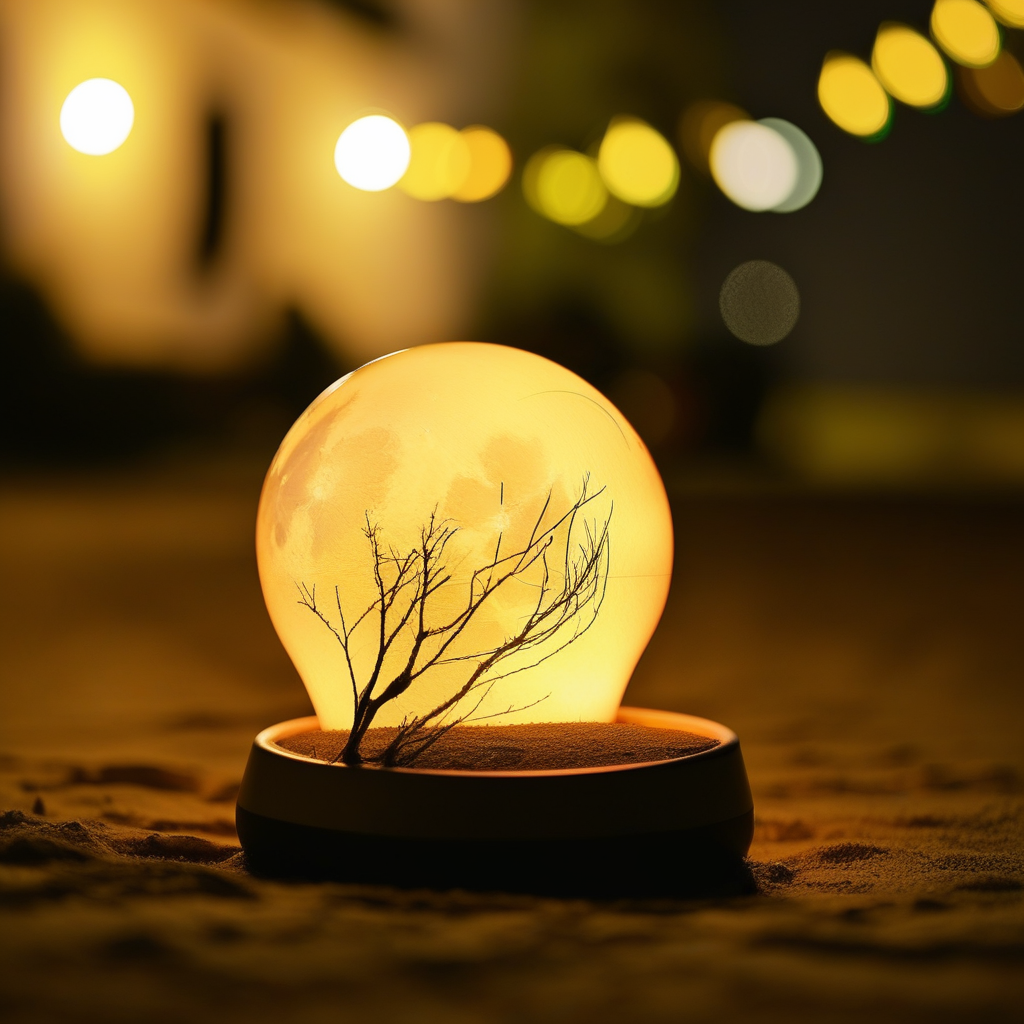 lighting bulb, ground vehicle, blurry, building, branch, bed, moon, pillow