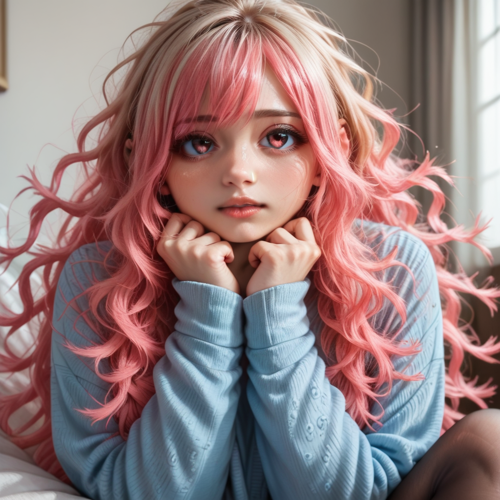 score_9_up, score_8_up, score_7_up, (masterpiece), (best quality), (ultra-detailed), (very aesthetic:1.2), intricate details, perfect composition, absurdres, romantic atmosphere, 
1girl, solo, <lora:KyoukoPONY:1>, kyouko,pink hair,multicolored hair,long hair,wavy hair,messy hair,bangs,pink eyes,
sweater dress,blue dress,pantyhose,long sleeves,
fantasy inn, bedroom, arm support, sitting,
<lora:43stl1ght1ngXLP2:0.5>, 43stl1ght1ng, <lora:Expressive_H-000001:0.8>, expressiveh, <lora:d3t41l3dXLP:0.5>, d3t41l3d, <lora:add-detail-xl:1>, zPDXLrl