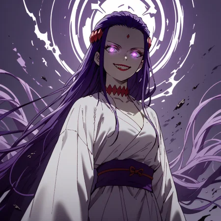 zPDXL3, score_9_up, score_8_up, score_7_up, (Anime_source), 1girl, standing, looking at viewer, smiling, QueenGizelotte, purple eyes, purple hair, very long hair, Kimono, white Kimono, flowery dress, glowing eyes, sinozick style, flat color, dark theme,