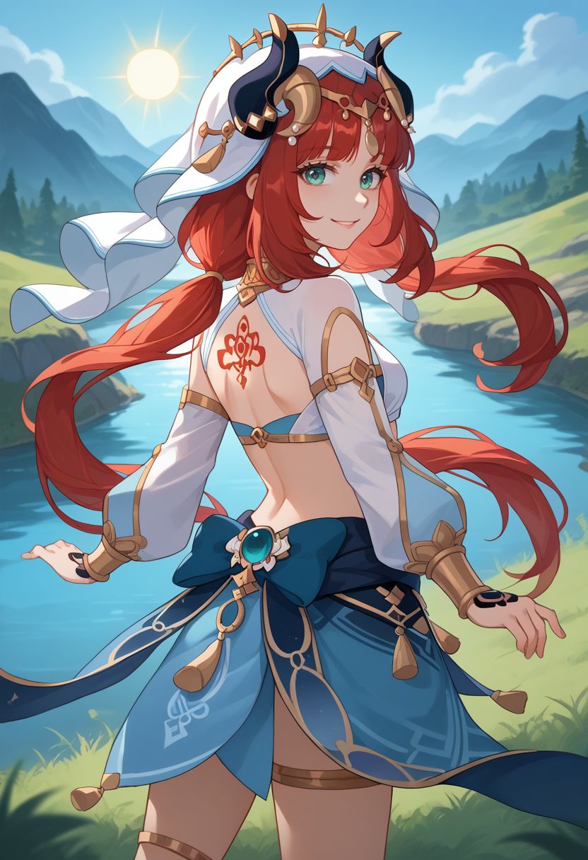 score_9, score_8_up, score_7_up, source_anime, 1girl, niloudef, red hair, long hair, aqua eyes, parted bangs, low twintails, medium breasts, fake horns, circlet, white headwear, white veil, jewelry, neck ring, harem outfit, detached sleeves, puffy long sleeves, crop top, gold trim, blue skirt, brooch, bracer, thighlet, vision \(genshin impact\), from behind, back, back tattoo, looking back, standing, smile, looking at viewer, outdoors, lake, sun, grass, cowboy shot, <lora:Nilou_v1-000007:1>