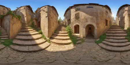360panorama,Staircase leading to a building,Ascending,Early morning deserted,Weathered stone steps historical architecture,Golden hour light,Non-applicable,Realistic with a touch of nostalgia,Digital art,Architectural Illustration,Warm tones with hints of green from surrounding foliage,3D CGI,4K resolution,<lora:HMSG360è¡éXL-000006:1>,
