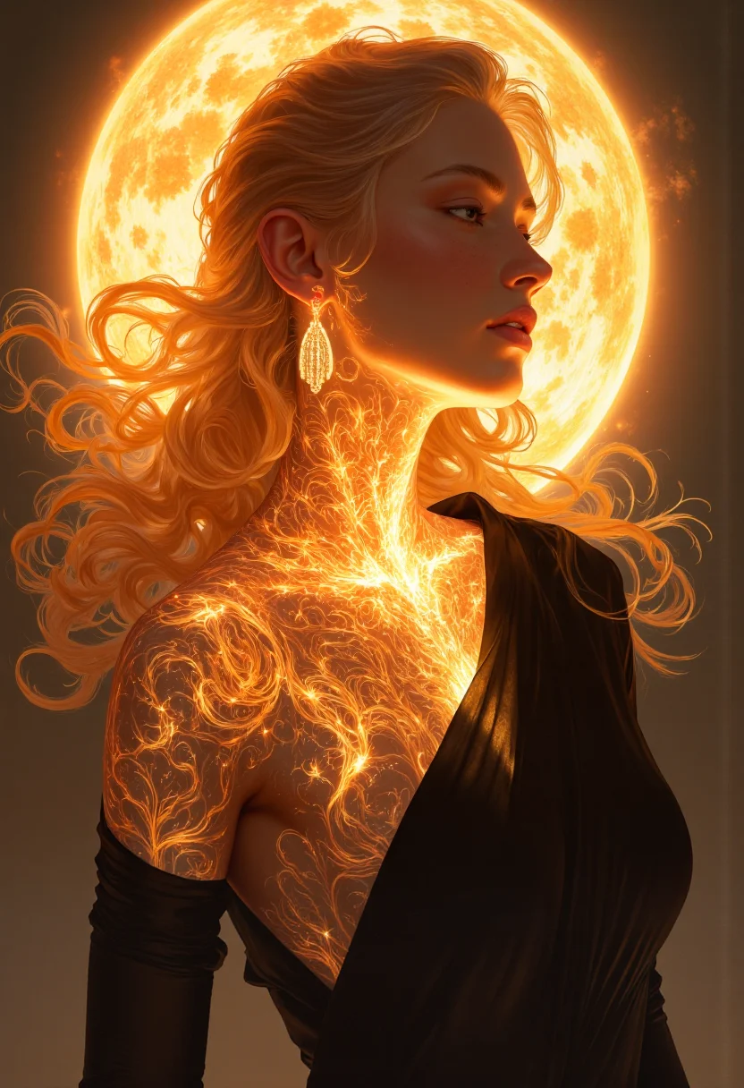 Bathed in a warm, radiant light, a woman stands with a majestic and transcendent presence. Her body seems infused with sunlight, emanating a subtle yet vivid glow. A transparent solar corona surrounds her, like an ethereal aura, enhancing the dynamic interplay of light and shadow across her form. The wind whispers around her, causing her translucent black garments to flow gracefully. The high level of detail captures the artistic fluidity of her pose and the sun-kissed hues of her skin. The overall effect is surreal and captivating, evoking a sense of otherworldly beauty.