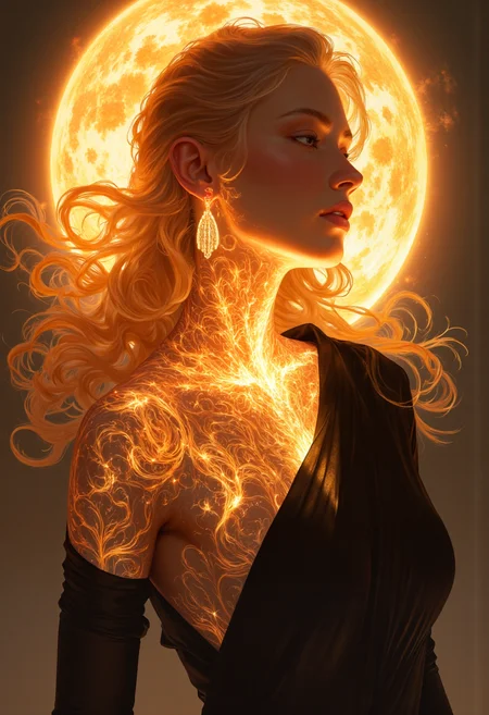 Bathed in a warm, radiant light, a woman stands with a majestic and transcendent presence. Her body seems infused with sunlight, emanating a subtle yet vivid glow. A transparent solar corona surrounds her, like an ethereal aura, enhancing the dynamic interplay of light and shadow across her form. The wind whispers around her, causing her translucent black garments to flow gracefully. The high level of detail captures the artistic fluidity of her pose and the sun-kissed hues of her skin. The overall effect is surreal and captivating, evoking a sense of otherworldly beauty.