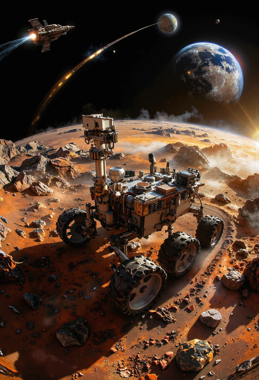 A highly detailed Mars rover stands on the dusty, rust-colored terrain of the Red Planet, its six rugged wheels leaving faint tracks in the fine sand. The scene is captured through a fisheye lens, distorting the landscape into a curved, almost surreal panorama. The setting sun casts a golden glow over the vast, barren expanse, its light bending around the jagged hills and rocky formations. The rover's robotic arm is extended slightly, its instruments glinting in the sunlight, while its camera mast, equipped with multiple sensors, appears slightly bowed as it scans the alien horizon. In the background, Earth and its moon hover in the dark expanse of space, subtly warped by the lens, a distant yet familiar reminder of home. Above, a sleek, futuristic spacecraft streaks across the sky, its trajectory appearing exaggerated, adding to the sense of motion and depth in this otherworldly <lora:Magic_of_Art_\(FLUX\).safetensors:0.5>, <lora:black_fantasy.safetensors:0.75>, <lora:aiai-Glimra-Flux-Dev-v2.safetensors:0.5>, <lora:Exogenous.safetensors:0.7>,