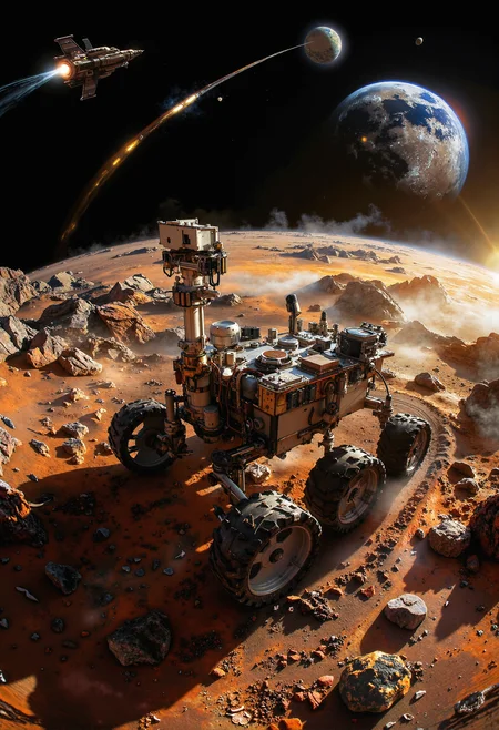 A highly detailed Mars rover stands on the dusty, rust-colored terrain of the Red Planet, its six rugged wheels leaving faint tracks in the fine sand. The scene is captured through a fisheye lens, distorting the landscape into a curved, almost surreal panorama. The setting sun casts a golden glow over the vast, barren expanse, its light bending around the jagged hills and rocky formations. The rover's robotic arm is extended slightly, its instruments glinting in the sunlight, while its camera mast, equipped with multiple sensors, appears slightly bowed as it scans the alien horizon. In the background, Earth and its moon hover in the dark expanse of space, subtly warped by the lens, a distant yet familiar reminder of home. Above, a sleek, futuristic spacecraft streaks across the sky, its trajectory appearing exaggerated, adding to the sense of motion and depth in this otherworldly <lora:Magic_of_Art_\(FLUX\).safetensors:0.5>, <lora:black_fantasy.safetensors:0.75>, <lora:aiai-Glimra-Flux-Dev-v2.safetensors:0.5>, <lora:Exogenous.safetensors:0.7>,