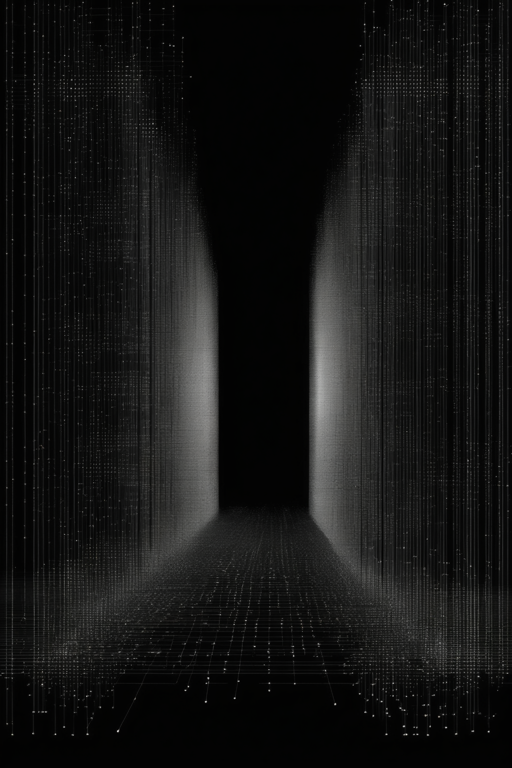 <lora:Ryoji Ikeda Style:1>Ryoji Ikeda Style - bridge graphic that begins as a physical structure (like a microchip) on one side and transitions into a digital structure (like pixels or lines of code) on the other side, signifying the connection between the physical and digital world, abstract, black, flat simple minimal,