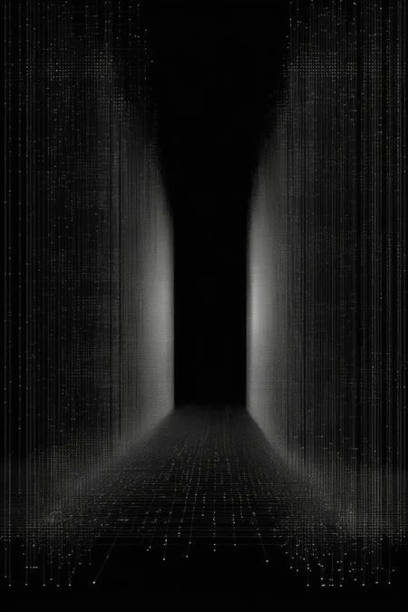 <lora:Ryoji Ikeda Style:1>Ryoji Ikeda Style - bridge graphic that begins as a physical structure (like a microchip) on one side and transitions into a digital structure (like pixels or lines of code) on the other side, signifying the connection between the physical and digital world, abstract, black, flat simple minimal,