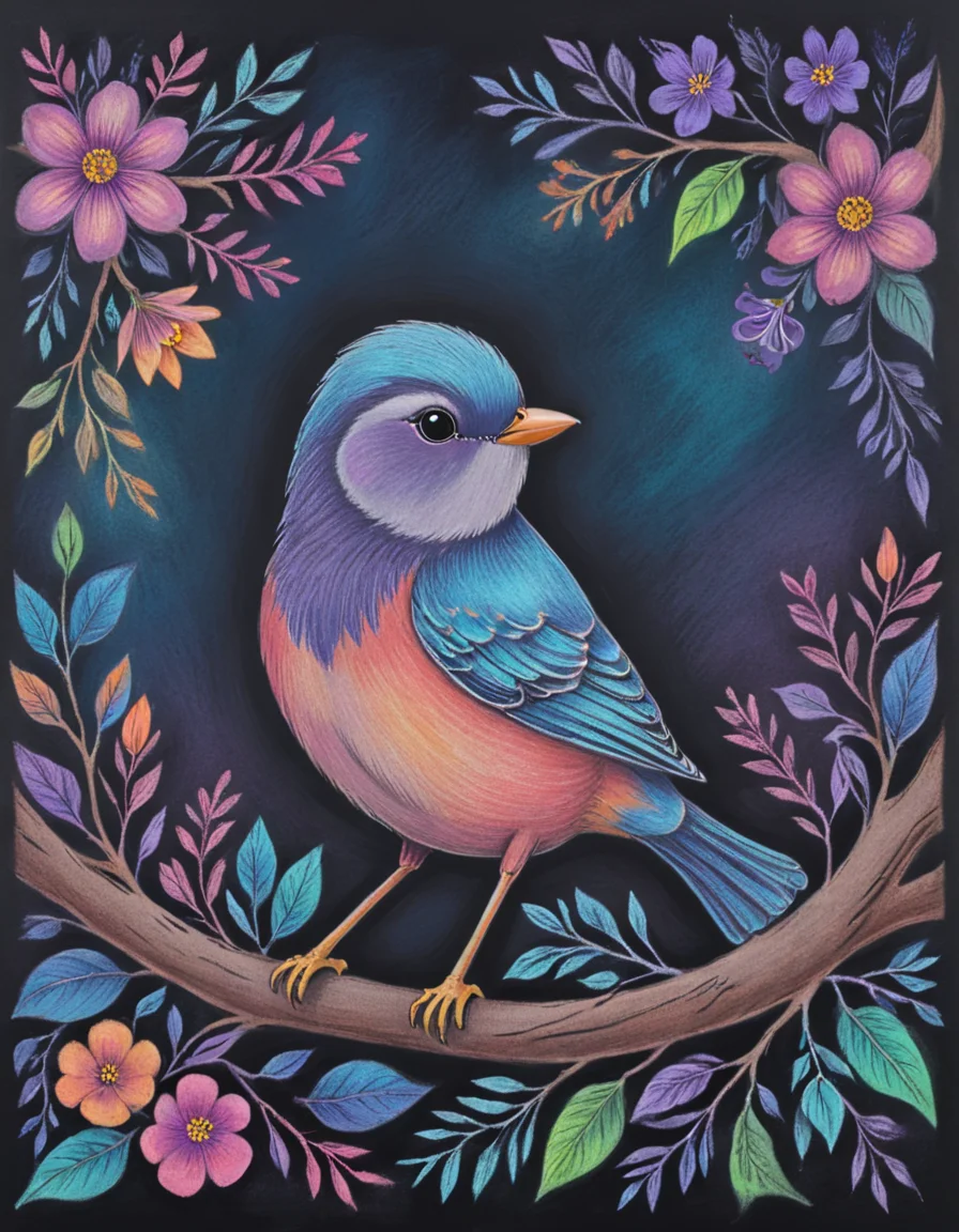 <lora:003_novuschromaSXL_a6:1> novuschroma style chalk pastels drawing of bird on a branch with flowers