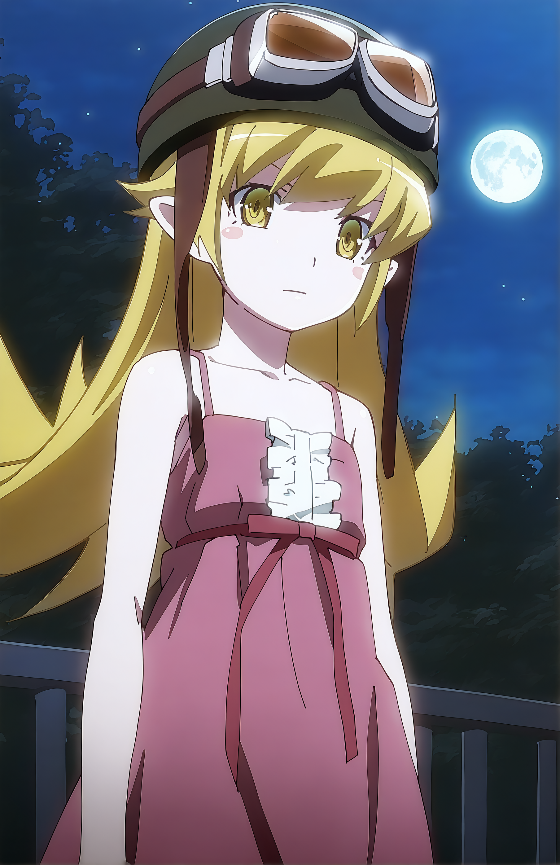 OshinoShinobu. 1girl, long hair, blonde hair, yellow eyes, short pointy ears, pink dress, helmet, goggles,  goggles on head, :|, standing, night, moon, front view,
