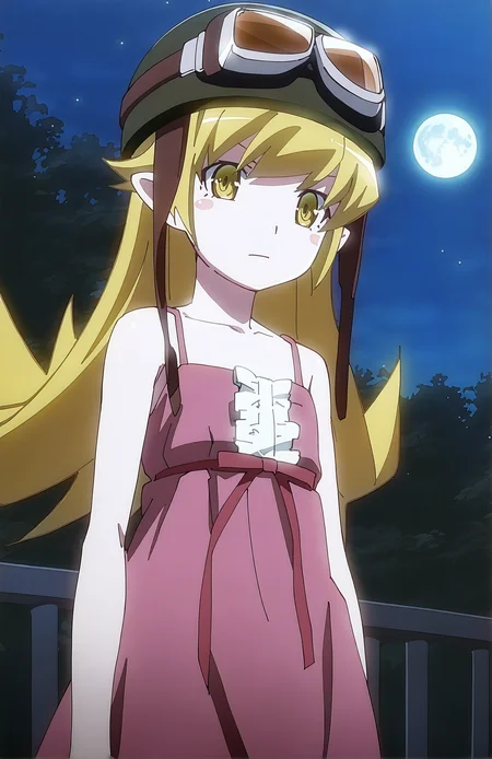 OshinoShinobu. 1girl, long hair, blonde hair, yellow eyes, short pointy ears, pink dress, helmet, goggles, goggles on head, :|, standing, night, moon, front view,