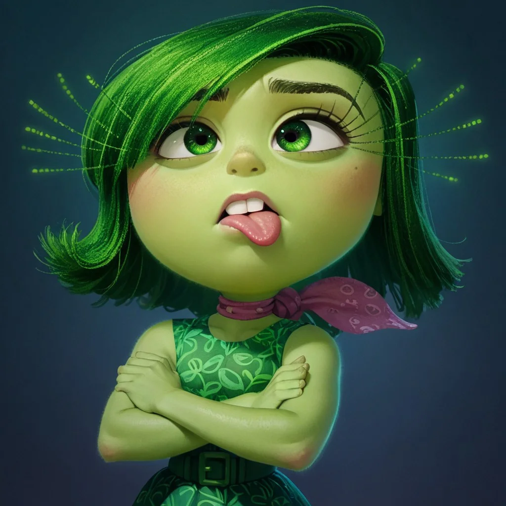 score_9, score_8_up, score_7_up, score_6_up, score_5_up, score_4_up, rating_safe, DisgustEmotion, glowing, 1girl, green skin, green hair, arms crossed, glowing, giant broccoli, disgutsed look, sticking tongue out