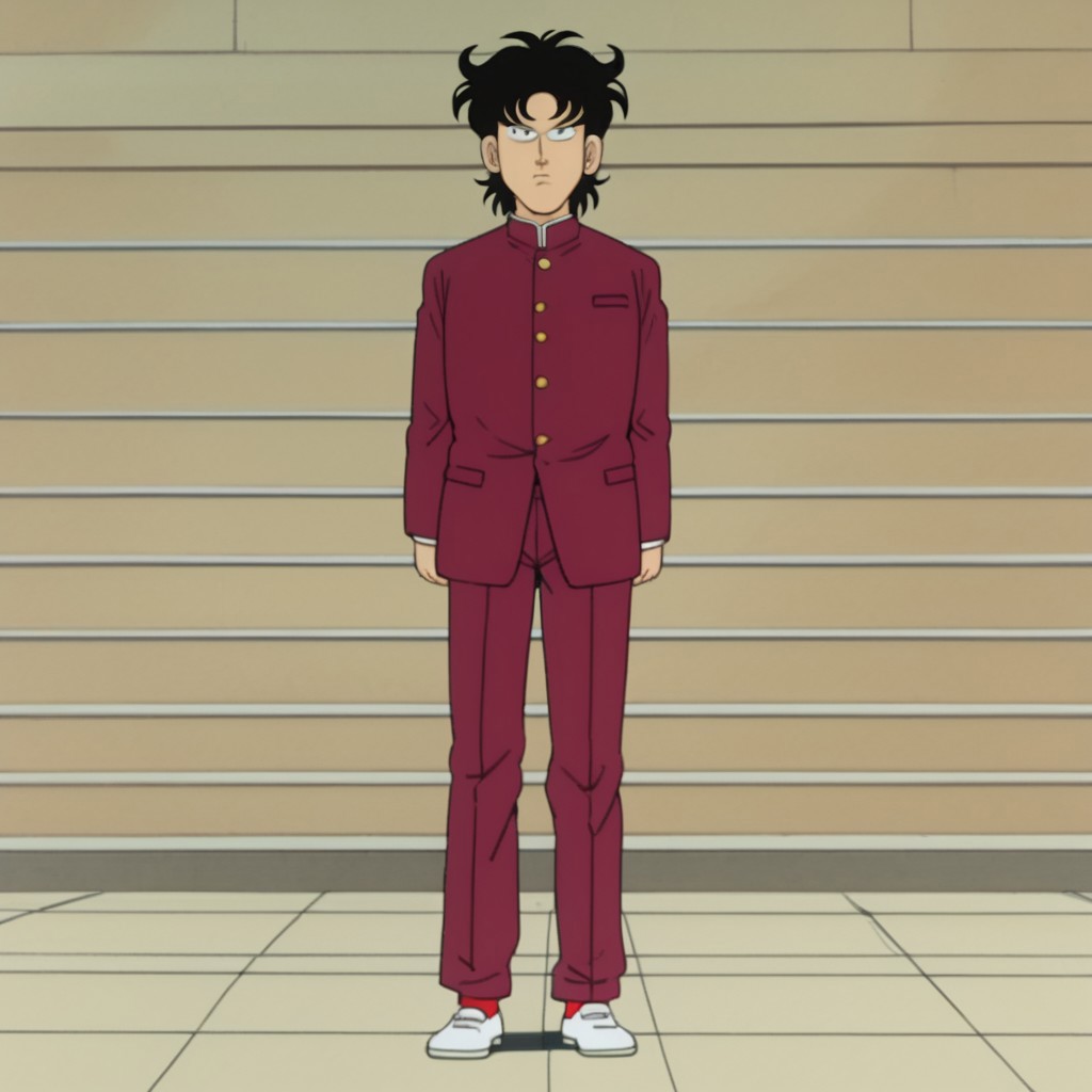 1boy, solo, Rei, black hair, messy hair, black eyes, no pupils, gakuran, school uniform, pants, red socks, white shoes, parody, meme, full body, standing, school, front view