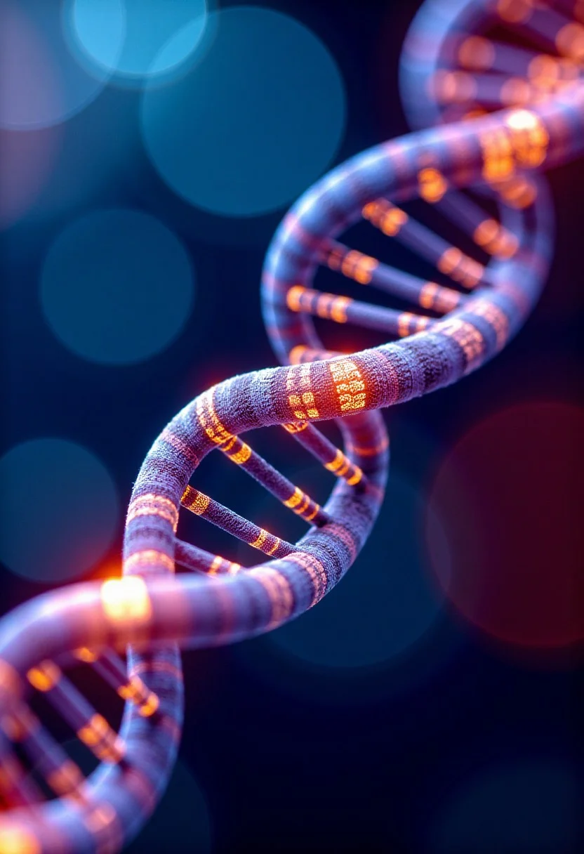 Map of DNA genome. Fractals and bokeh swirl in brilliant shades of blue, purple and red. burned colors glowing with orange heat.  Bands of white light dash across the canvas. High saturation and contrast.