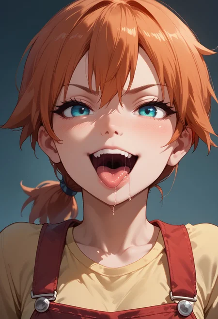 score_9,score_8_up,score_7_up, ultra quality, anatomically correct, (detailed fur texture), masterpiece, smooth outlines, 1girl, misty from pokemon, digital_media_(artwork), hi_res, score_9, score_8_up, score_7_up, score_6_up, score_5_up, score_4_up, 1girl, yellow shirt, red overalls, feminine, solo, sexy, pov, seductive, smile, smirk, grin, mouth shot, mawshot, open mouth, vore, imminent vore, oral invitation, saliva, tongue, throat, (face focus:1.5), dutch angle, closeup