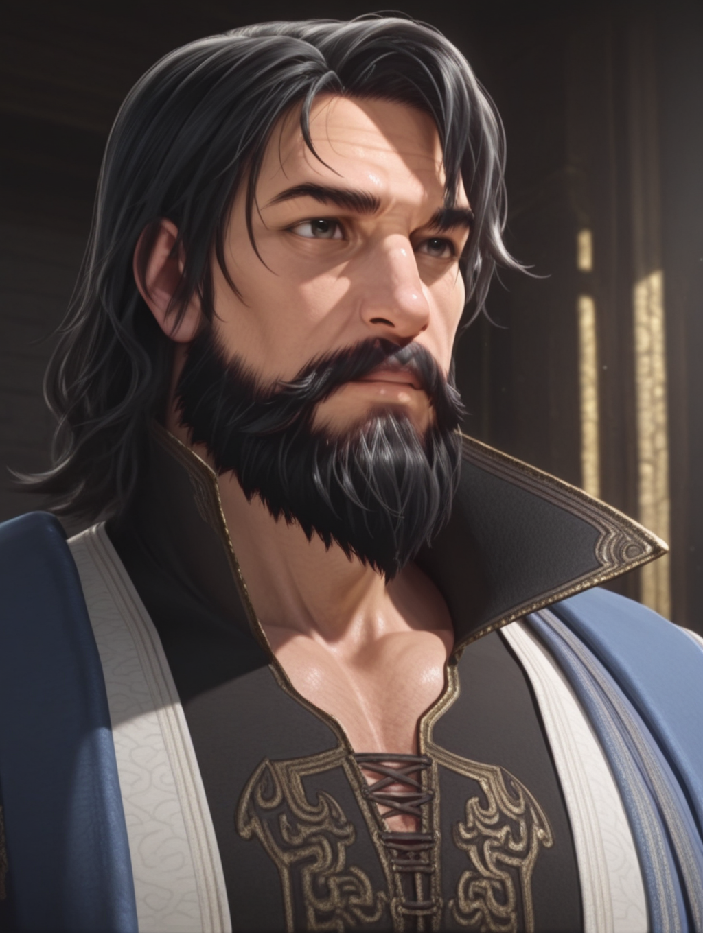 xuanzi, 1boy, facial hair, male focus, mustache, black hair, beard, masterpiece, best quality, amazing quality
