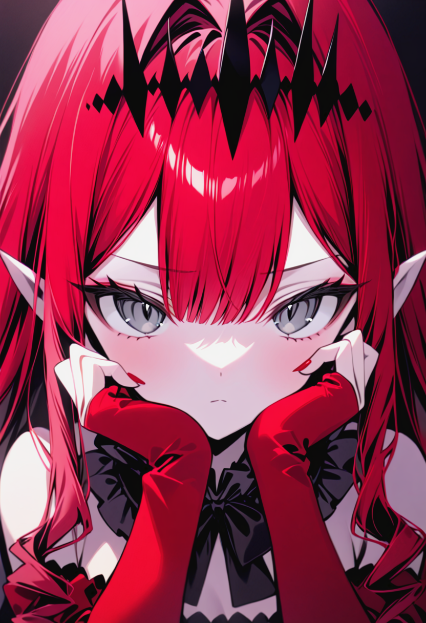 1girl,bare_shoulders,black_background,black_bow,black_bowtie,black_tiara,blurry,bow,bowtie,closed_mouth,collar,depth_of_field,expressionless,frilled_collar,frills,grey_eyes,hair_between_eyes,hair_intakes,hands_on_own_face,hands_up,long_hair,long_sleeves,looking_at_viewer,nail_polish,pale_skin,<lora:baobhan-sith-fate-xl:0.6>,baobhan-sith-(fate),<lora:anime enhancer V3 xl:1>,detailed,skin,texture,pointy_ears,portrait,red_hair,red_nails,red_sleeves,simple_background,sleeves_past_wrists,solo,tiara,torn,