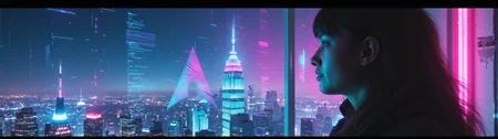 blue arch linux logo projected onto the glass window where a woman is looking out at a futuristic neon sci-fi city landscape cyber city skyline at night. glitched gl1tchc0re archlinuxlogo ck-rw, in the style of ck-rw,