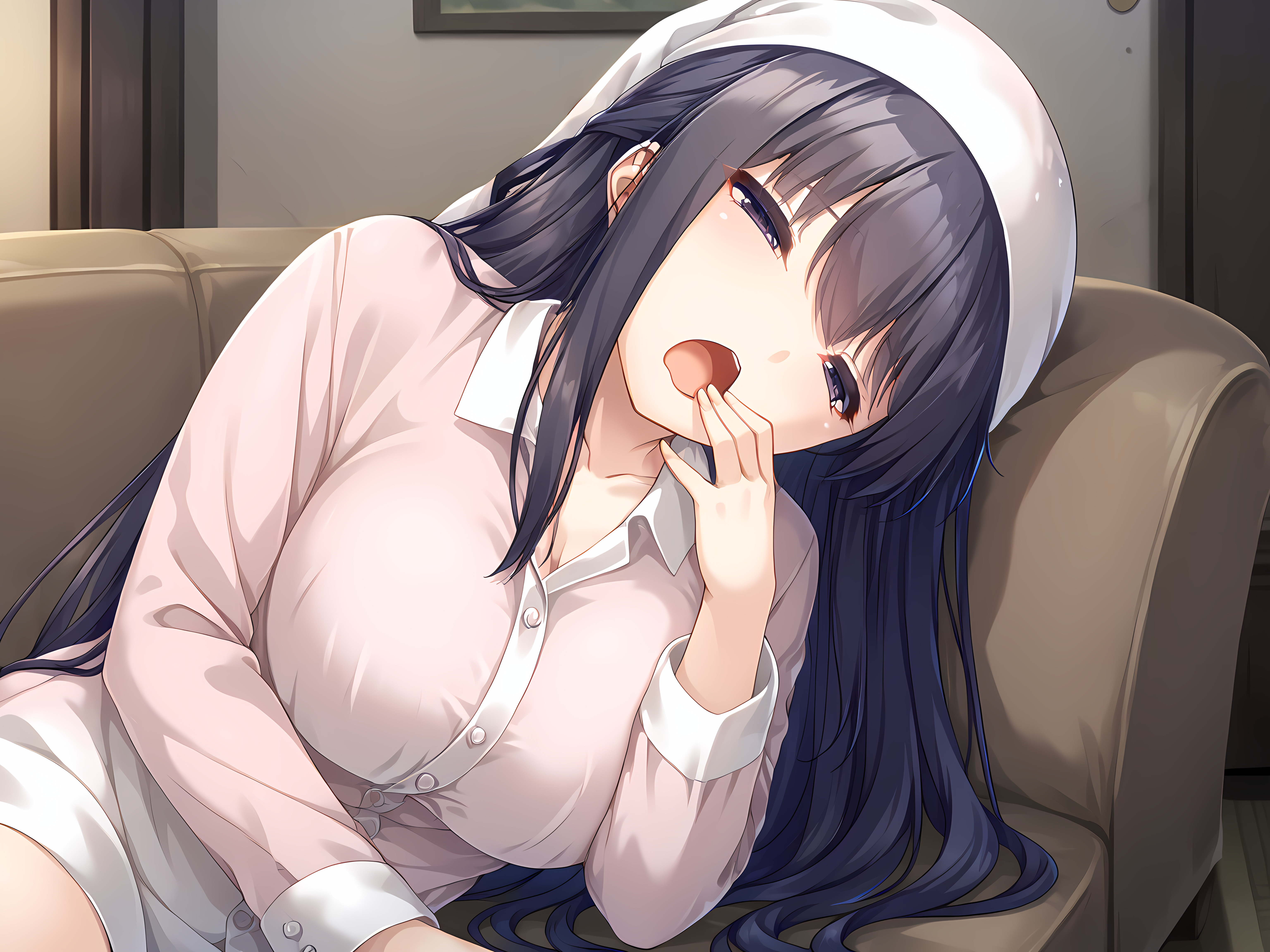 breasts,1girl,escude,kagami,purple eyes,large breasts,cowboy shot,indoors,<lora:ESCUDE_-_Haisen_Shoujo_-_Kagami:0.9>,yawning,pajamas,nightcap,lounging,on couch,half-closed eyes,hand to own mouth,on side,couch,living room,, score_9, score_8_up, score_7_up,source_anime,(masterpiece),(best quality),(ultra-detailed),(best illustration),(best shadow),(absurdres),(detailed background),(very aesthetic),source_anime