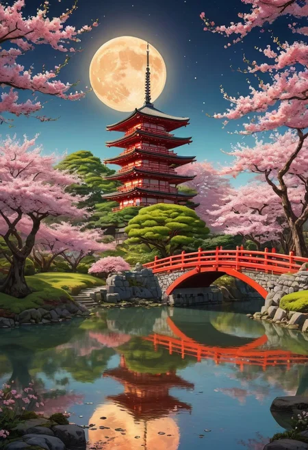 An intricately detailed scene of a traditional Japanese pagoda illuminated by warm red and golden light, surrounded by cherry blossoms and lush green trees. The night sky is dominated by a glowing full moon, casting a soft mystical light. A red arched bridge crosses a still pond, reflecting the structure and the moonlight. The atmosphere is serene, blending realism with a fantasy-like dreamscape. (anime, cyberpunk, Moebius (Jean Giraud) Style page)