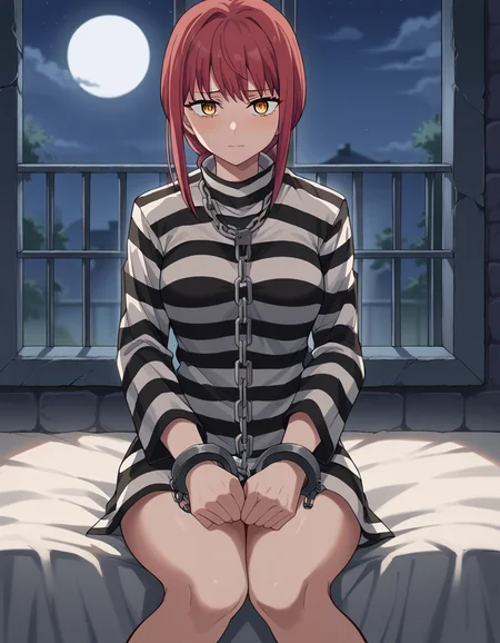 score_9, score_8_up, score_7_up, source_anime, <lora:chainsaw-man-makima-s1-ponyxl-lora-nochekaiser:1> makima, long hair, bangs, yellow eyes, braid, red hair, braided ponytail, ringed eyes, medium breasts,, <lora:prison-clothes-ponyxl-lora-nochekaiser:1> prison clothes, prisoner, prison cell, prison, striped shirt, shackles, handcuffs, chain,, sitting, on bed, looking at viewer, blush, night, moon, moonlight, night sky, window, three quarter view, cowboy shot,
