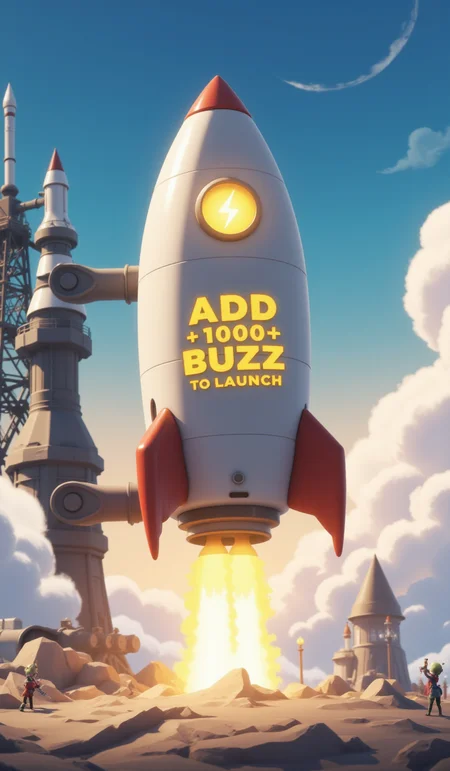 a 3D anime style artwork, A super rocket is ready to launch on the launch pad,  with printed yellow text "ADD 10000 BUZZ to Launch" on the rocket's fuselage,Printed yellow flash icon on the rockt's fuselage.
add more details,some flame,and white smoke,  ,DreamArt ,<lora:DreamArtFlux:1>