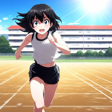 great quality,,(almic,akakura,ogipote,dikko:0.7), (sincos:0.7),vivid,schoolyard, white school building,soil ground,day,blue sky, sun beam,sports wear,navel, black hair,groin,running wear,track and field athlete,black shorts,upper body,black eyes,running,bare shoulder