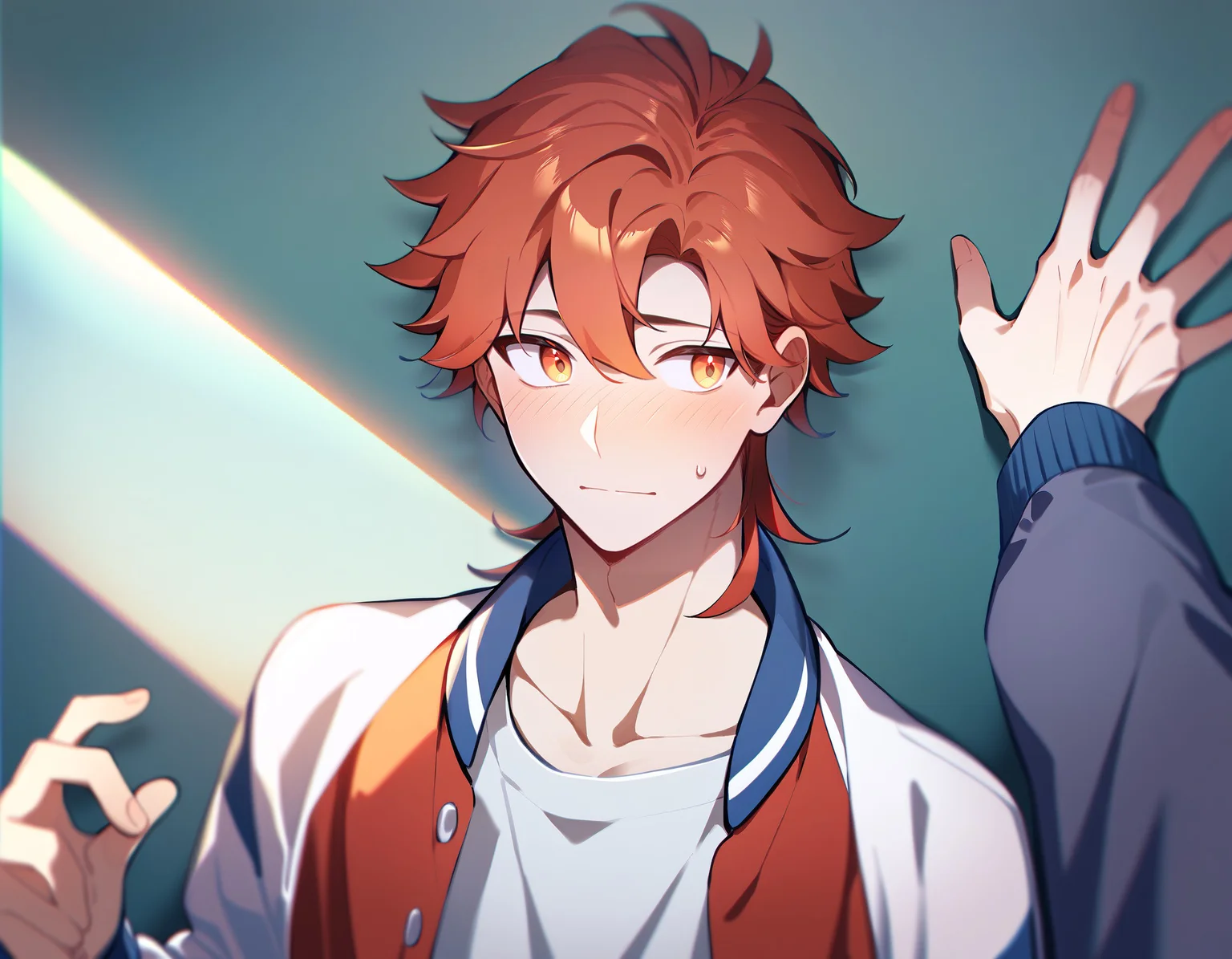 score_9, score_8_up, score_7_up, best quality, amazing quality, best aesthetic, amazing aesthetic, 2023, duo, solo focus, 1boy, blush, shy, looking to the side, medium hair, bangs, red hair, orange eyes, varsity jacket, pov hands, kabedon, <lora:KabedompovPonyXL:1.2>, wall \(structure\), school hallway