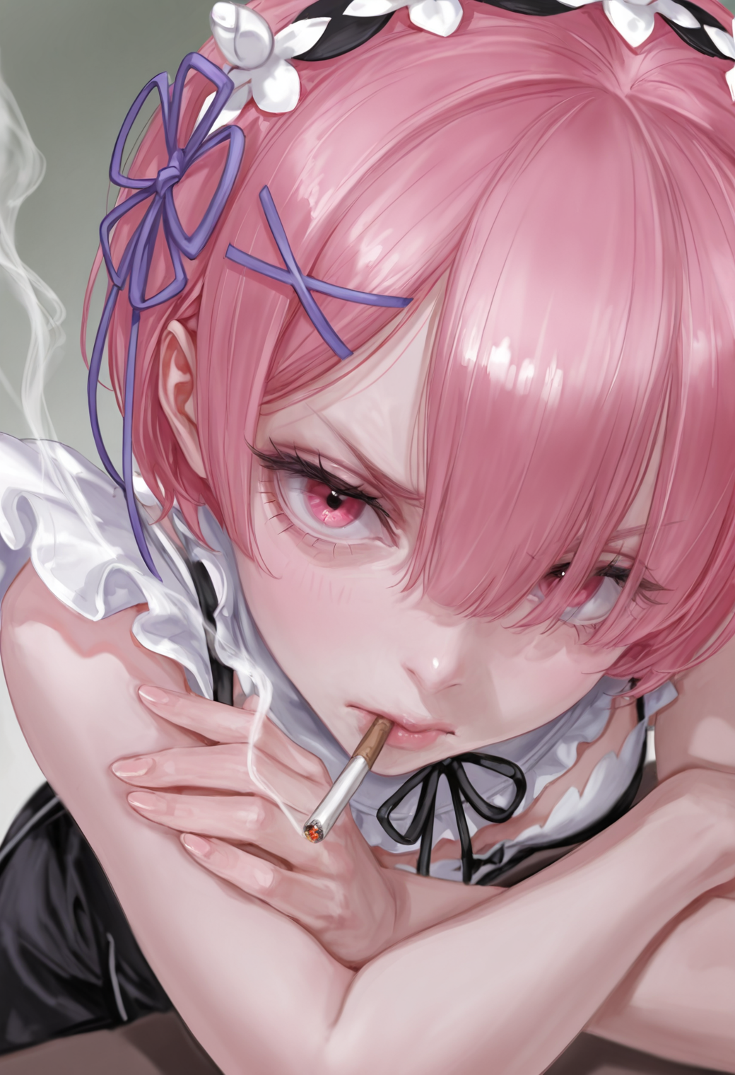 bm94199, 

from above, 

1girl, ram \(re:zero\), portrait, solo, 

looking at viewer, annoyed, smoking, mouth hold, cigarette, smoke, crossed arms, 

masterpiece, best quality, amazing quality, 