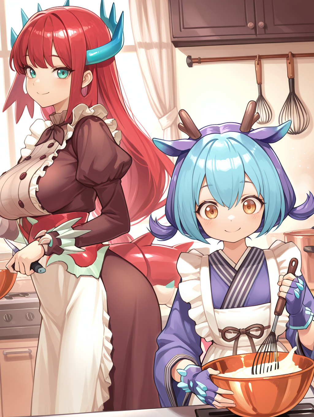 2girls, kitchen dragonmaid, kitchen, knife, holding knife, whisk, large breasts, brown maid clothes, smile, looking at viewer, laundry dragonmaid, holding whisk, sketch, blue fingerless gloves, blue maid outfit, holding bowl, cooking, bowl,
masterpiece,best quality,amazing quality,very aesthetic,absurdres,newest,<lora:kitchen dragonmaid illuXL v1.1:0.72>,