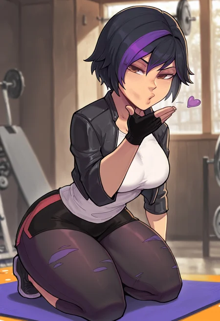 masterpiece,best quality,shexyoart,depth of field, blurry background, In the gym, workout gear, weight machines, gym weights, rubber mat, dumbell, barbell,1girl, solo, GogoBH, white shirt, black leather jacket, cropped_jacket, short_hair, black_hair, dyed_bangs, purple bangs, brown_eyes, large_breasts, looking_at_viewer, bike_shorts, purple_leggings, black_pantyhose, ripped pantyhose, fingerless_gloves, Kneeling and mimicking blowing kisses,