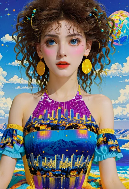 (masterpiece), (best quality), (ultra-detailed), A precise clear vibrant glitch 1980s anime featuring the timeless they/them of the ein sof, their beauty where all things are her/him and she/he is everything else, wearing Tel Aviv like a dress weaved from human existence, Vaporwave classic anime, by Gustav Klimt in his CRT static period, sold at auction for 23 million USD, illustration, disheveled hair, detailed eyes, perfect composition, moist skin, intricate details, earrings, by wlop