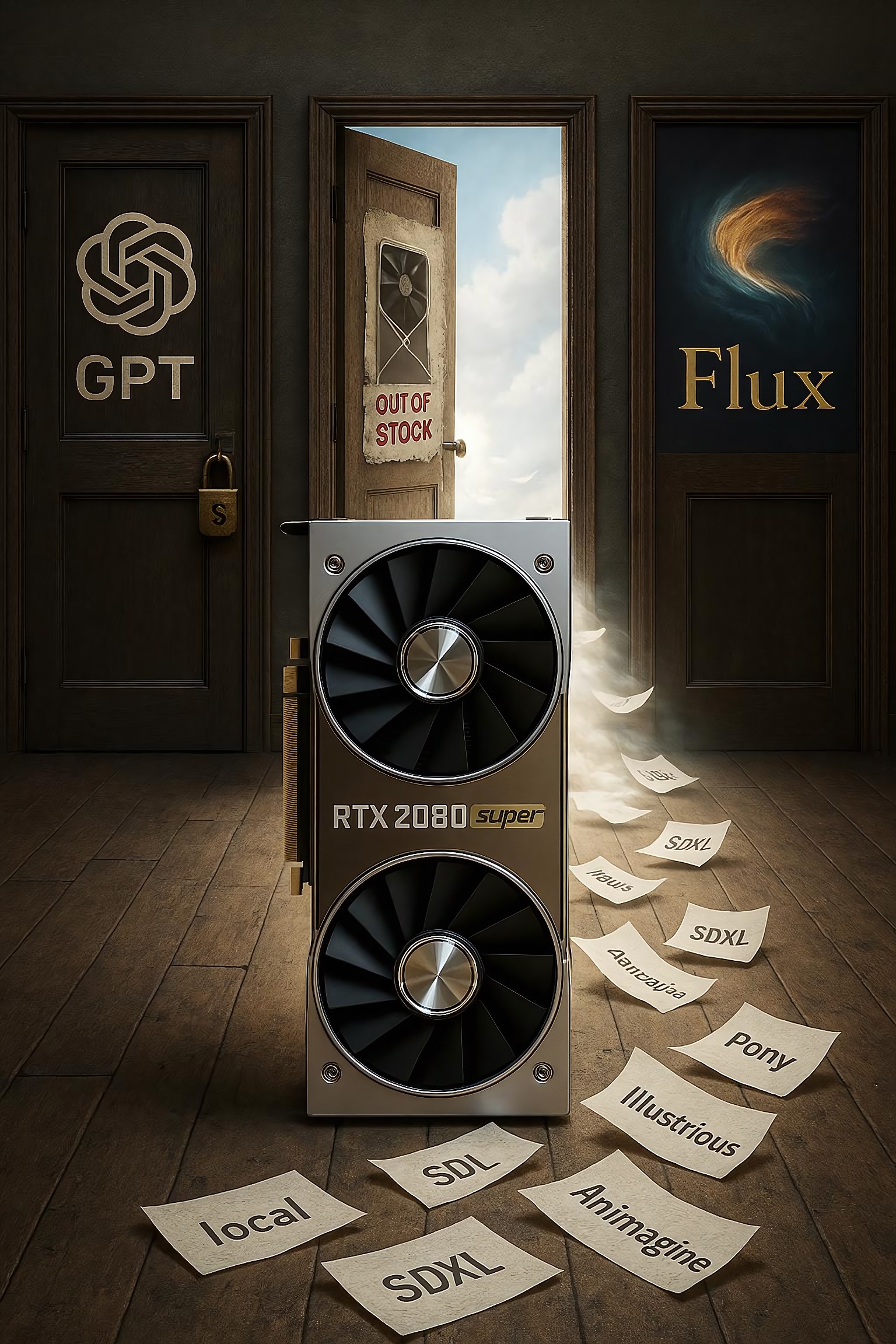 create a realistic photograph of a RTX 2080 Super 8gb vram graphics card choosing a path. There are 3 paths. The right-side door displays an image of a crisp cover image of a Flux txt-2-img model with the text 'Flux' written in premium lettering. The left-side door hosts the OpenAI logo with the text 'GPT' written in bold clean lettering. The left-side door also has a padlock and dollar symbol for it's keyhole. The middle door has a poster of an RTX 5090 graphics card on the ground with 'out of stock' text in red. The poster has aged and fallen off the door. The middle door is halfway open with a heaven-like aura leading to a space that portrays freedom and a paper trail from the 'viewer' with papers reading 'local', one reading 'SD1.5', one reading 'SDXL', one reading 'Animagine', one reading 'Pony', one reading 'Illustrious', etc.