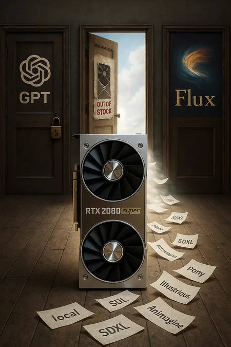 create a realistic photograph of a RTX 2080 Super 8gb vram graphics card choosing a path. There are 3 paths. The right-side door displays an image of a crisp cover image of a Flux txt-2-img model with the text 'Flux' written in premium lettering. The left-side door hosts the OpenAI logo with the text 'GPT' written in bold clean lettering. The left-side door also has a padlock and dollar symbol for it's keyhole. The middle door has a poster of an RTX 5090 graphics card on the ground with 'out of stock' text in red. The poster has aged and fallen off the door. The middle door is halfway open with a heaven-like aura leading to a space that portrays freedom and a paper trail from the 'viewer' with papers reading 'local', one reading 'SD1.5', one reading 'SDXL', one reading 'Animagine', one reading 'Pony', one reading 'Illustrious', etc.