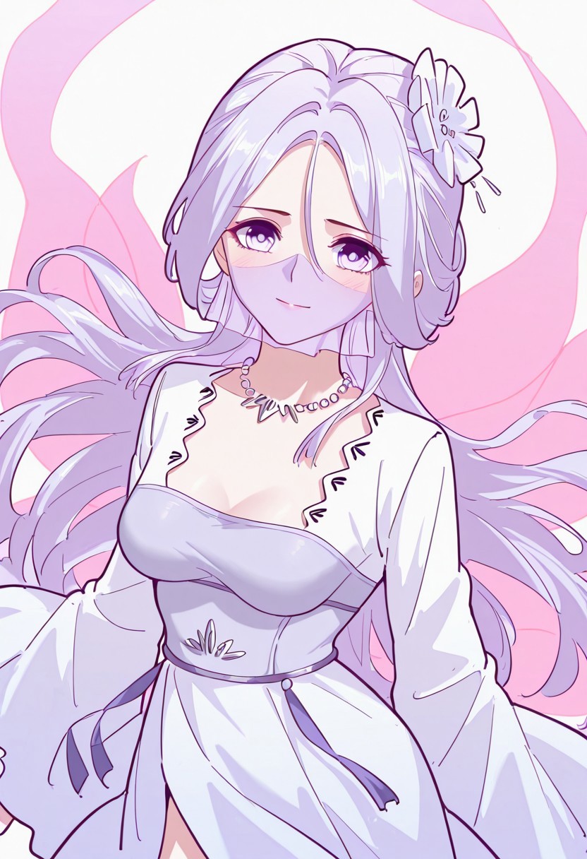 Chu_Qingcheng_IL, 1girl, long purple hair, wavy hair, Soft wavy strands, hair ornament, parted bangs, purple eyes, hair between eyes, necklace, medium breasts, face veil, soft light purple veil, elegant outfit, white dress, layered dress, pearl accents, high slit dress, wide sleeves, flowy fabric, ornamental belt, waist gems, floral chest design, happy, shy