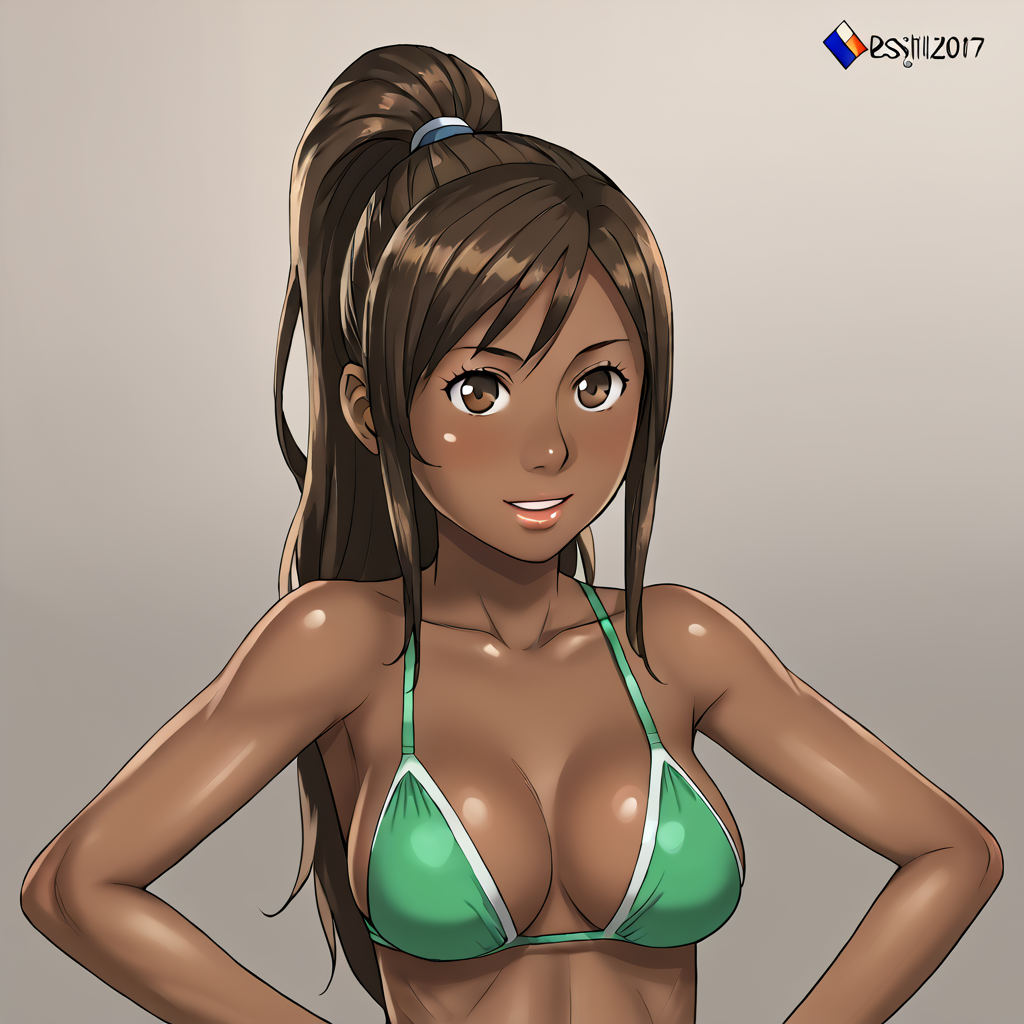 destijl, 1girl, brown hair,ponytail, long hair,  dark skin, breasts, <lora:DeStijl (1):1>