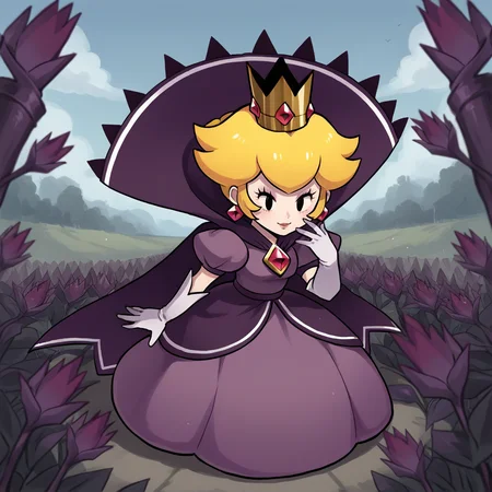 score_9, score_8_up, score_7_up, score_6_up, score_5_up, score_4_up, zPDXL2,source_anime,rating_questionable, <lora:Shadow_Queen_Peach:0.8> sh4dp3ach, princess peach, blonde hair, short hair, purple dress, puffy short sleeves, white gloves, cape, crown, jewelry, prostration, vineyard
