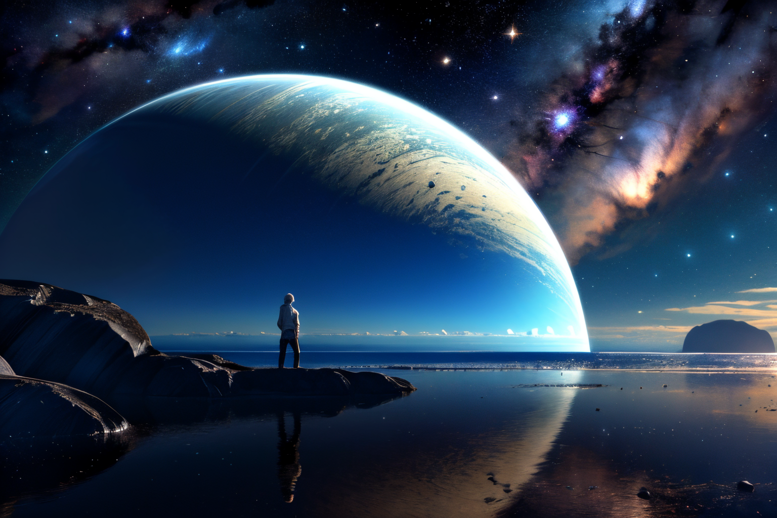 (Realistic:1.5) SyFyEye1, standing, male focus, reflection, night sky, day, crescent moon, day, 1girl, ocean, night, sunlight, sunlight, 1other, moonlight, from behind, milky way, science fiction, planet, river, flying,  <lora:SyFyEye1_v2.0:0.8>