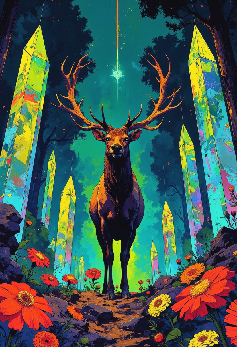 A DB4RZ-style painting in the style of CKSC, featuring a hyper-realistic Irish elk with its colossal, intricately branched antlers extending outward in dramatic, symmetrical formations. The elk stands boldly at the center, its strong, dark brown fur adorned with luminous gradients into lighter beige tones along its belly and legs. The immense antlers, sweeping outward with fluid, geometric branches, dominate the composition, their surface rich with bone-like textures and subtle natural imperfections. The vibrant background presents a dreamlike forest where towering crystalline trees pulse with glowing hues of emerald, cyan, and electric blue, creating an ethereal, otherworldly glow. The ground is a stunning explosion of color—vibrant, geometric flowers in radiant reds, oranges, and yellows interspersed with fractal-like patterns, all glowing in luminous, neon tones. Angular abstract shapes subtly weave through the scene, adding dynamic, optical illusion-like effects that blend the organic and surreal in harmony. The result is a bold, futuristic masterpiece, merging natural majesty with an electrifying, luminous atmosphere, creating a visually striking, immersive experience.