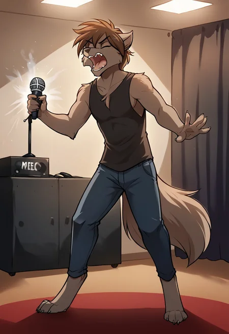score_9, score_8_up, score_7_up,score_6_up,score_5_up, source_furry
BREAK
solo, furry male anthro, medium hair, flat chest, (Mouth open, screaming), mohawk, black sleeveless T-shirt, black jeans, (indoors, standing, on stage, light show, smoke), Microphone, microphone in hand, shouting into the microphone
BREAK
<lora:Zen-Twokinds-SDXL-AnonTK-V1:0.85>, zen-twokinds, keidran, wolf tail, <lora:p:0.35>