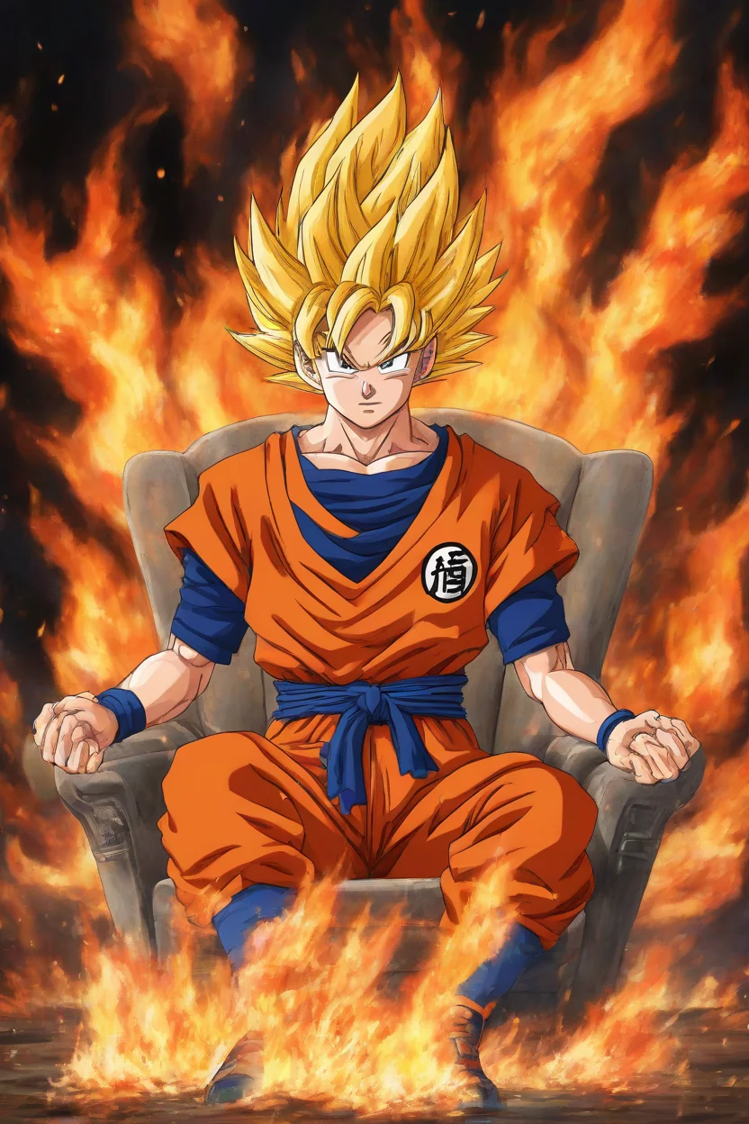 <lora:PE_SonGoku:0.8> PESonGoku, Anime,
Sitting in Chair, on fire, flames and burning