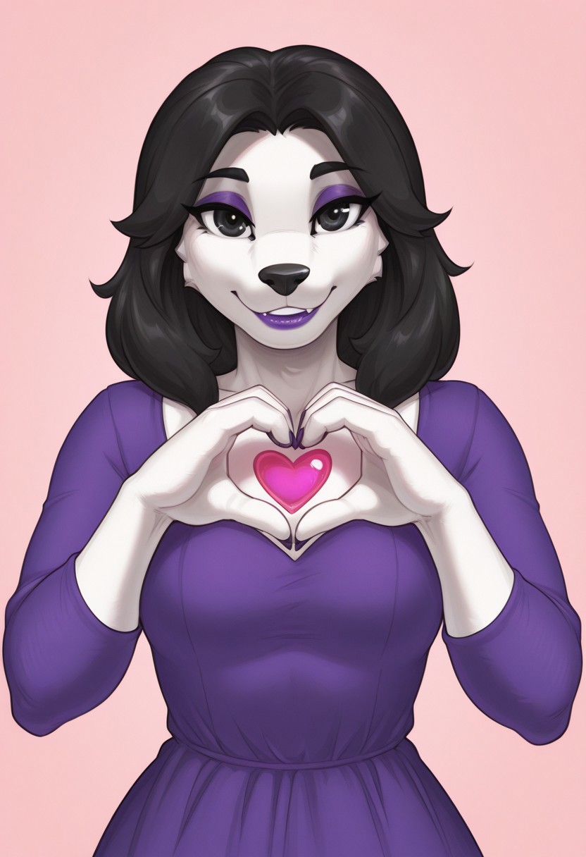klempner, 1girl, solo, medium build, medium hair, sfw, safe for work, covered skin, flowy dress,  black eyes, purple lipgloss, smiling, portrait, upper body, heart hands, foreshortening, detailed, newest, furry female, furry, anthro