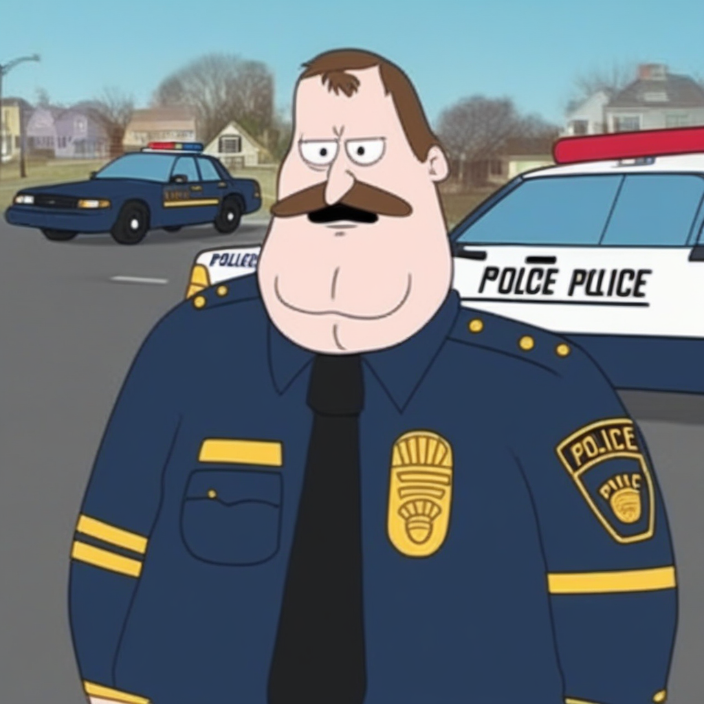 Randall Crawford, mustache, police car in background,