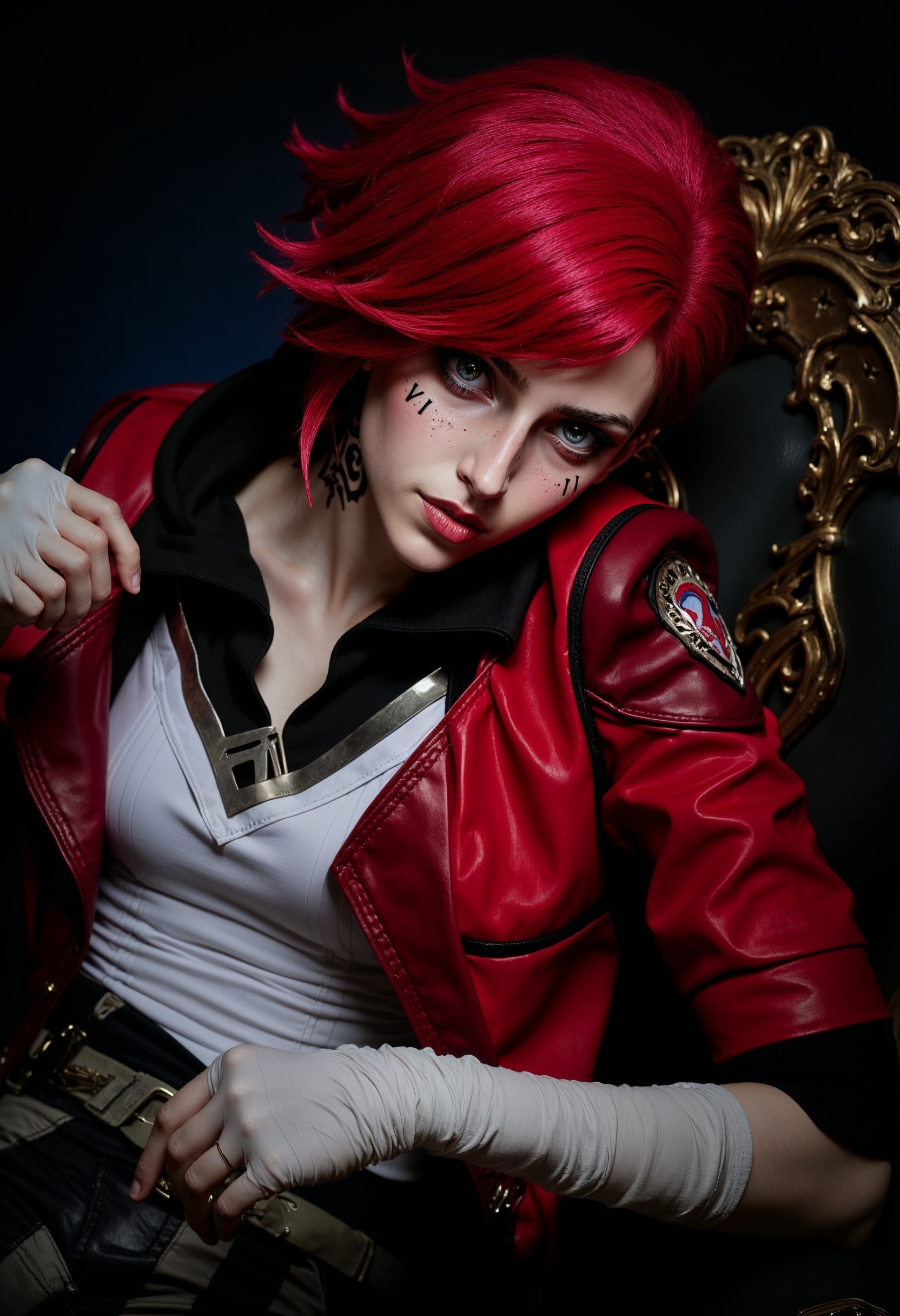 close up portrait of ViA, a stylized character with a distinct, cool appearance. The girl has freckled skin and striking short hair. She has intense, grey blue eyes and a focused expression. The girl is seated in a relaxed, yet assertive pose on a dark, ornate chair. She is wearing a red jacket and dark, striped pants. "VI" tattoo is visible on her cheek. In one hand, she has white wraps. The background is dark, enhancing the character's vivid colors and details.<lora:FluxMythP0rtr4itStyle:0.6> <lora:flux.1_lora_flyway_Epic-Characters_v1:0.6> <lora:Elden_Ring_-_Yoshitaka_Amano:0.33> <lora:FluxViA:1>