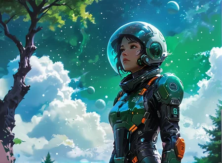 masterpiece,8k,high resolution,
<lora:space_backround-XL-7:0.4>,
<lora:Space_clothes-xl-8:0.6>,
space_backround,space_space,
1girl,solo,helmet,space suit,cyberpunk,female focus,portrait, scenery, cloud, sky, tree, star (sky),green and orange theme