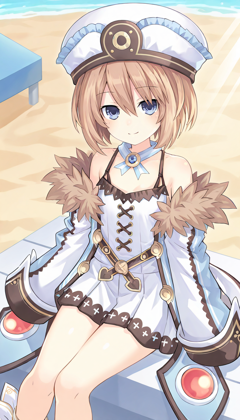 1girl, solo, brown hair, blue eyes, short hair, flat chest, young girl, smile, closed mouth, hat, ribbon, long sleeves, wide sleeves, off shoulder, bare shoulders, short dress, coat, fur trim, ankle ribbon, (looking at viewer, from above), sitting, outdoors, sunny, light rays, shadow, sky, beach, cowboy shot, masterpiece, best quality, very aesthetic, absurdres, newest,  <lora:Blanc_Neptunia_IllustXL:0.8>, Blanc \(neptunia)\ , blanc_def