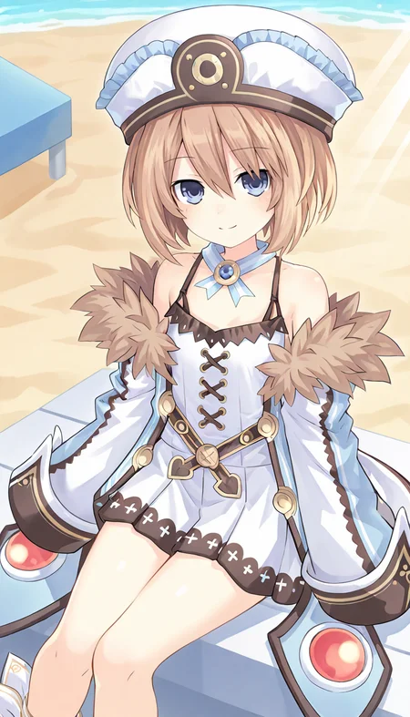 1girl, solo, brown hair, blue eyes, short hair, flat chest, young girl, smile, closed mouth, hat, ribbon, long sleeves, wide sleeves, off shoulder, bare shoulders, short dress, coat, fur trim, ankle ribbon, (looking at viewer, from above), sitting, outdoors, sunny, light rays, shadow, sky, beach, cowboy shot, masterpiece, best quality, very aesthetic, absurdres, newest, <lora:Blanc_Neptunia_IllustXL:0.8>, Blanc \(neptunia)\ , blanc_def