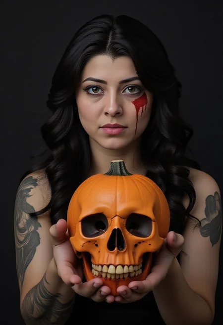 young woman as witch with wavy black hair, she is holding a bloody skull in one hand and pumpkin in another offering it to camera, for the day of the dead, shadowy spooky eerie painting, horror themed, matrix style <lora:flux_realism_lora> <lora:noshine_v2> <lora:perfection style v3b>