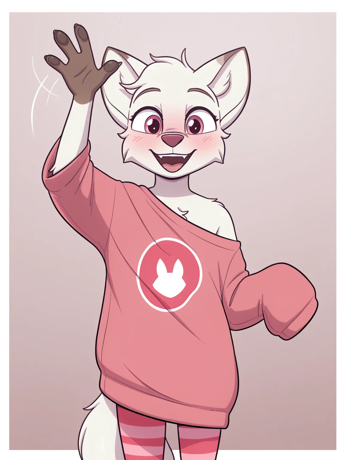 (masterpiece, best quality, very aesthetic, absurdres, artist:cobalt snow) 1girl, solo, female, young, abby \(cobalt snow\), fox, anthro, furry, head tuft:1.2, fur, oversized clothes, white fur, pink eyes, happy, open smile, looking at viewer, waving, striped leggings, <lora:Cobalt_Snow_Ill:1>