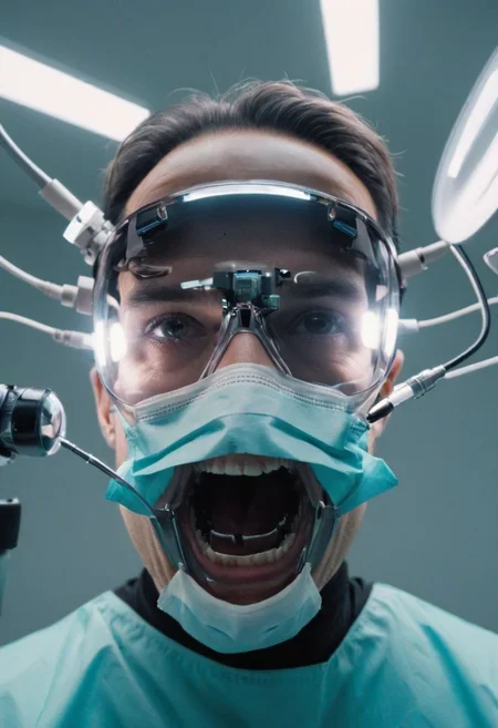 fpv, Fist Person View, Dentist looking down to Viewer, mask, crazy glitched head looking down to you, Bright surgery light,